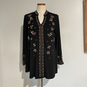 Soft Surroundings Black Tunic with Floral Embroidery